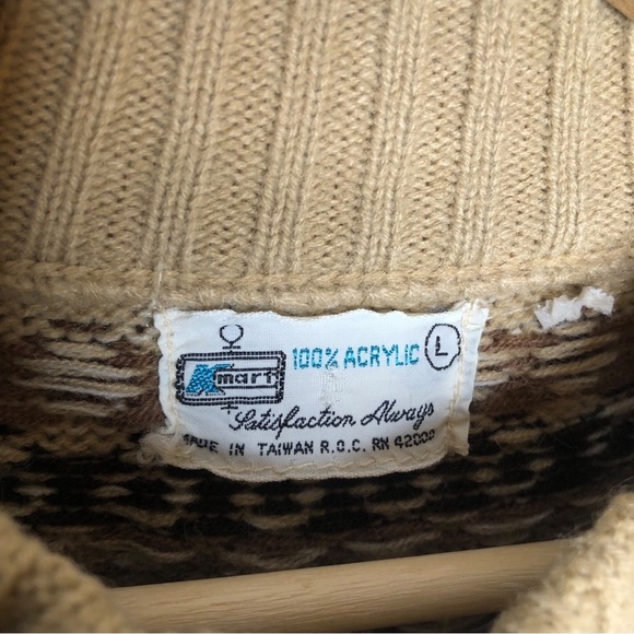 VINTAGE 80s Kmart Beige Brown Fair Isle Print Crewneck Sweater Acrylic - Picture 5 of 6